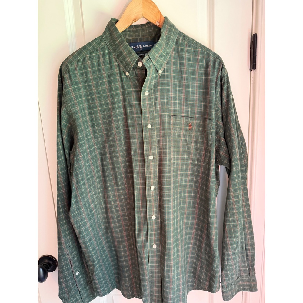 Ralph Lauren Mens XL Classic Fit Green Plaid Button Down Shirt Long Sleeve Pony - Picture 1 of 4